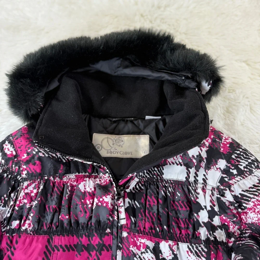 Vintage Body Glove Girls 14 Ski Coat Pink Black Faux Fur Hood Winter‎ Jacket